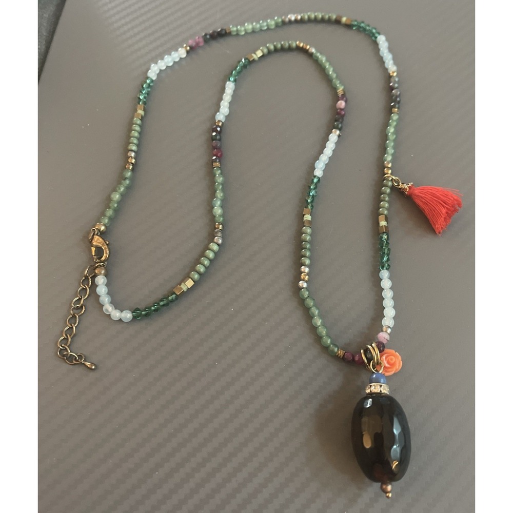 Vintage Gem Stone Beads Long Druzy Tassel Necklace Handmade